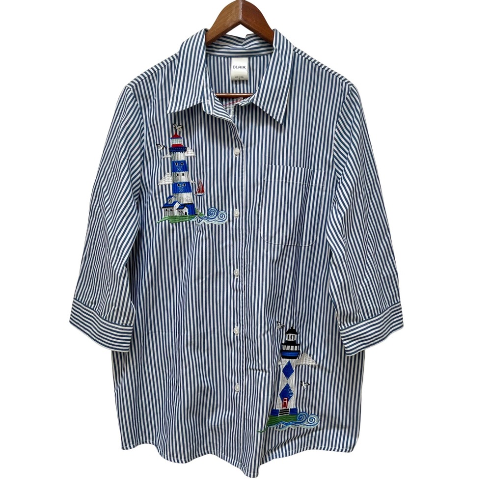 VTG Blair Womens Blue White Striped Lighthouse Embroidered Button Down Size L‎